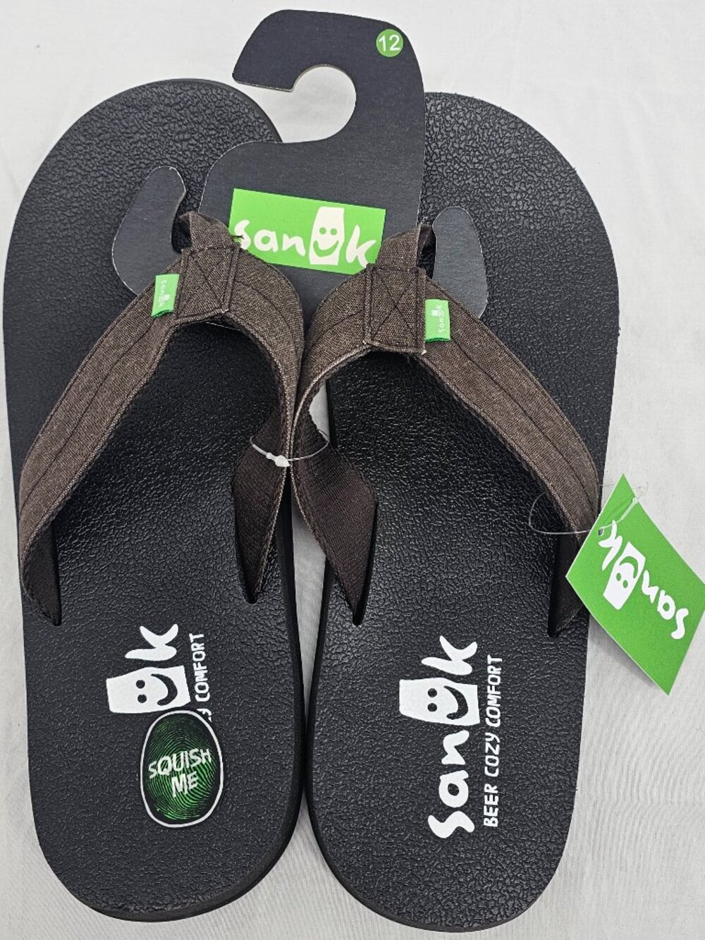 Sanuk Beer Cozy Coaster Comfort TX Flip Flops Brown Strap Black Soles Men's 12